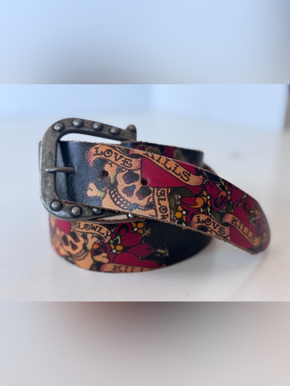Ed Hardy Y2K red Distressed Leather Studded skull heart love Belt